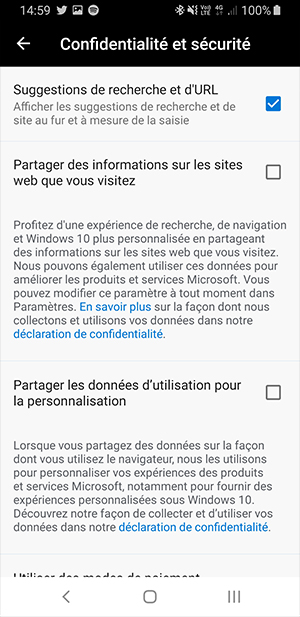 Edge mobile - gestion de la vie privée Edge mobile - gestion de la vie privée