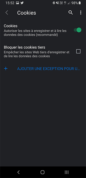 Vivaldi mobile - Gestion des cookies Vivaldi mobile - Gestion des cookies